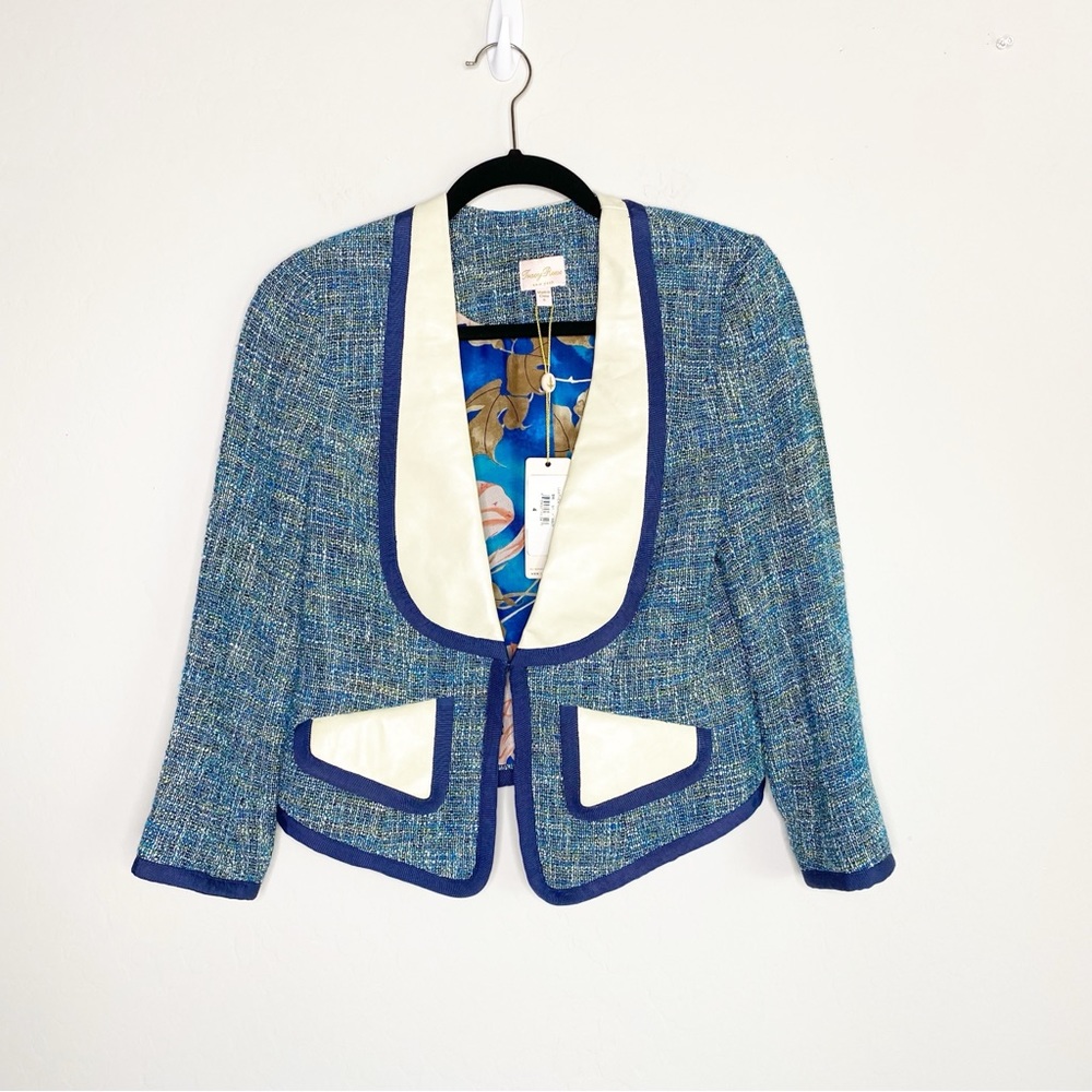 Tracy Reese Leather Trimmed Cropped Tweed Jacket in Bright Navy Size 4 NWT